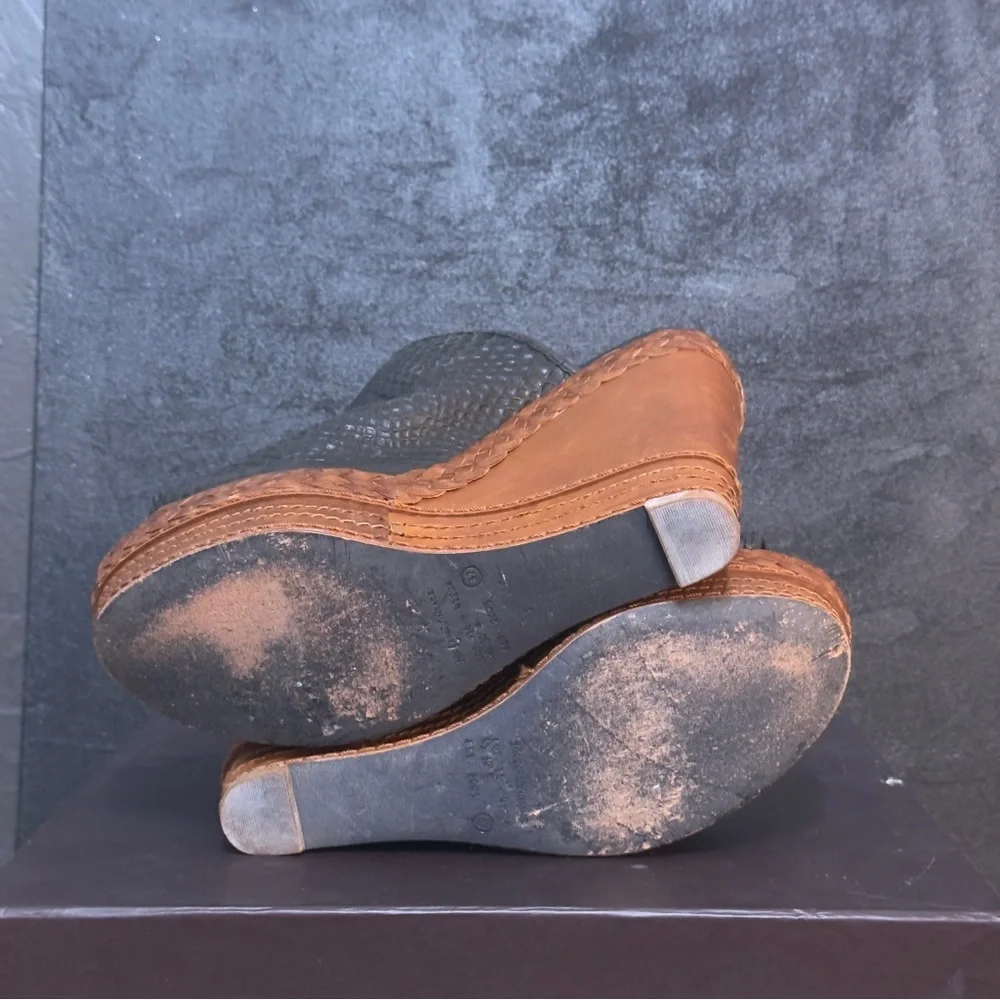 Modern Vintage Black Leather Brown Wedge Mules Size 7